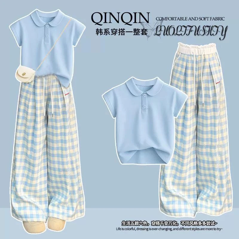 女大童纯棉短袖t恤格子裤套装夏装2025新款韩版POLO衫学生两件套
