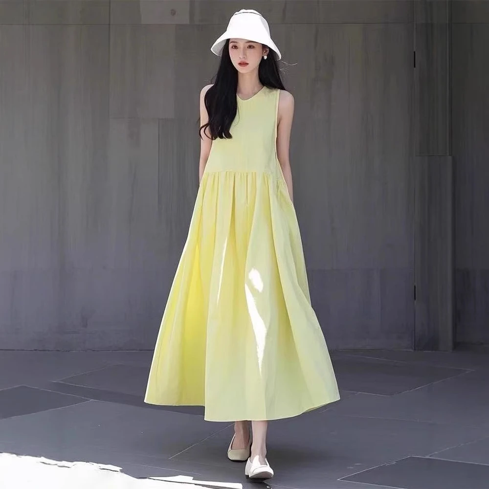eqwl9283多巴胺黄色无袖连衣裙女2025夏季新款时尚减龄显瘦长裙