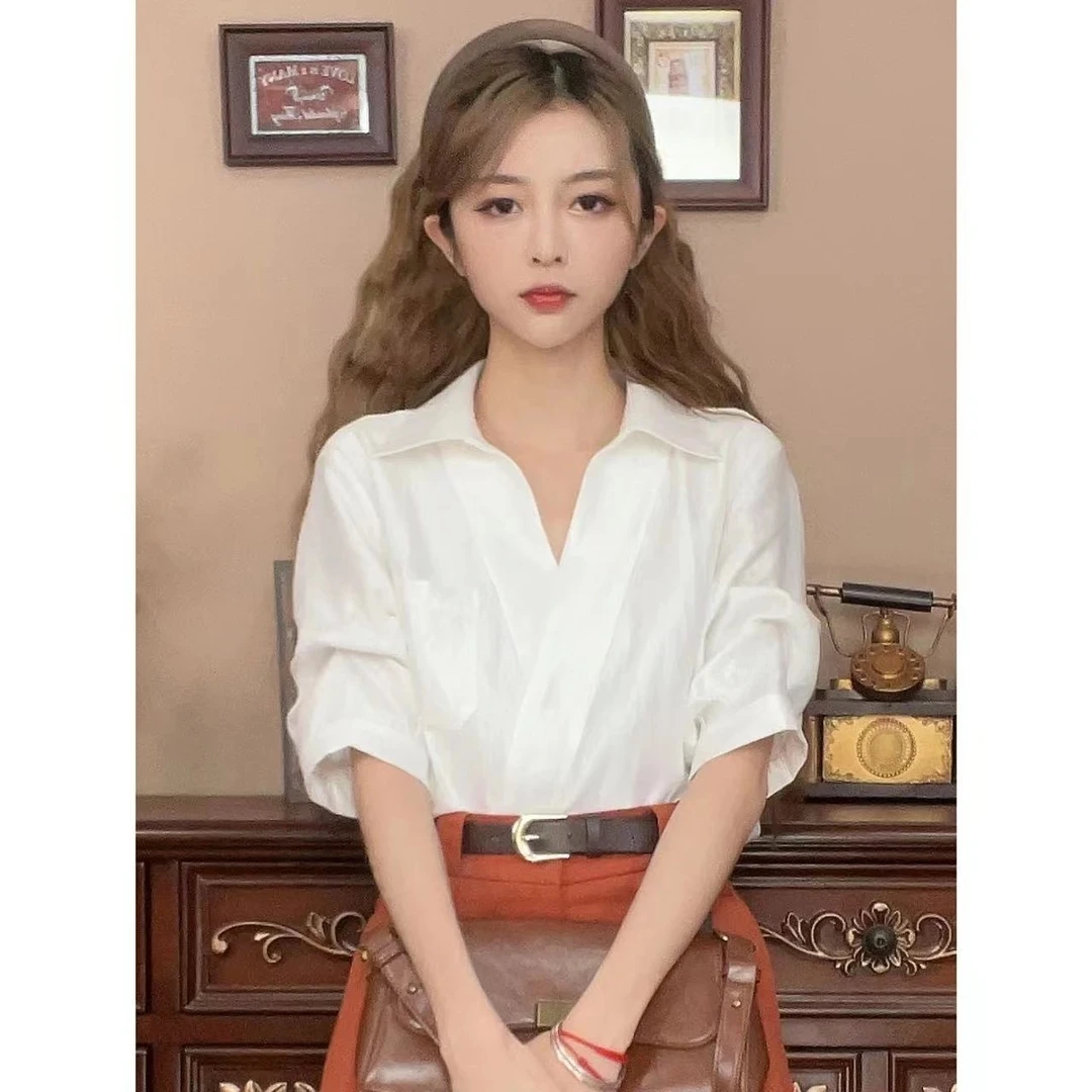 港味复古白色短袖衬衫女夏季宽松显瘦气质百搭上衣