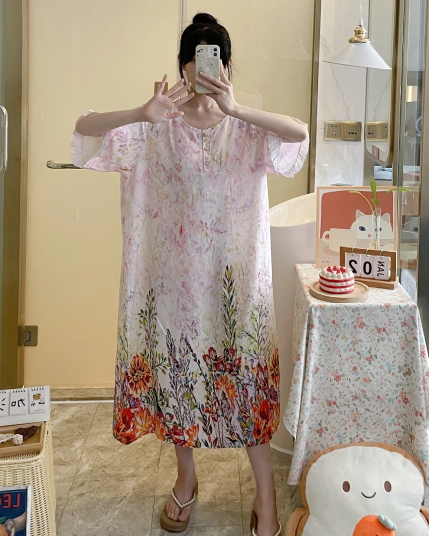 2025新款绵绸中长裙短袖简约夏季女睡裙裙子宽松韩版夏天长裙大码