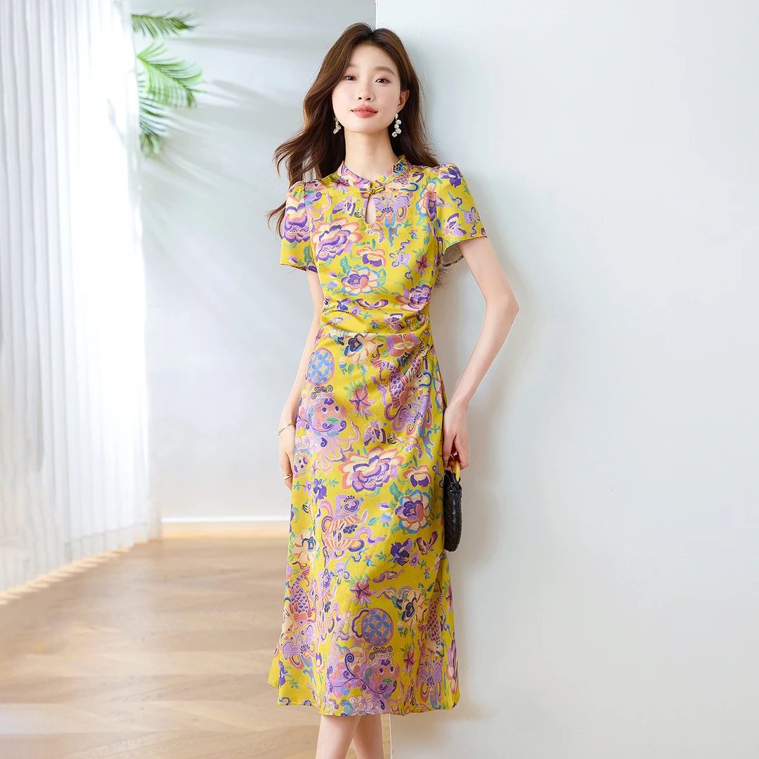 改良旗袍中式连衣裙女夏季薄款2025年新款盘扣复古印花休闲长裙女