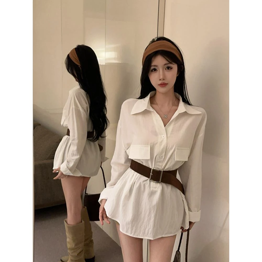 polo领白色衬衫女设计感小众秋季收腰上衣巨好看的配腰带绝美衬衣