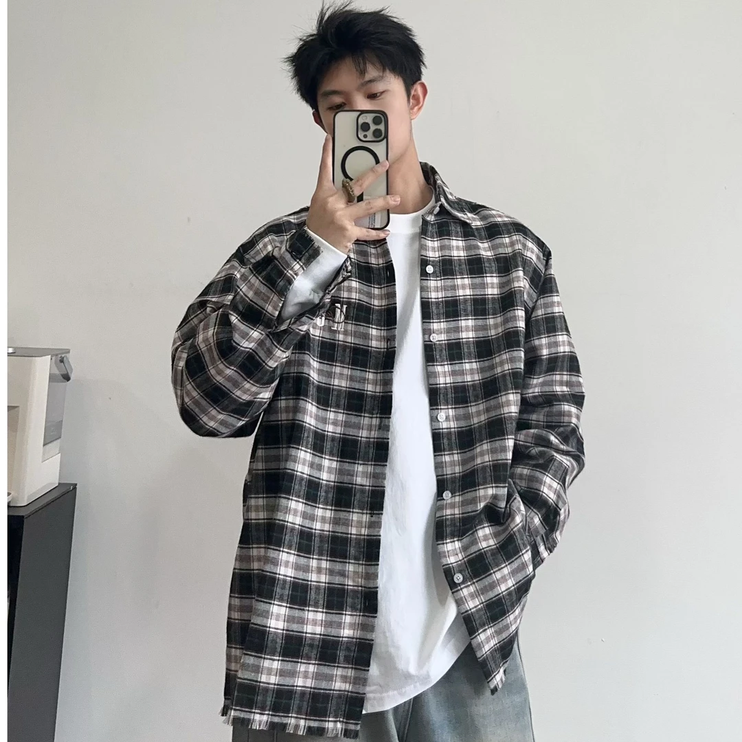 衬衫长袖春款上衣毛边常规潮流翻领休闲痞帅流苏宽松刺绣格子