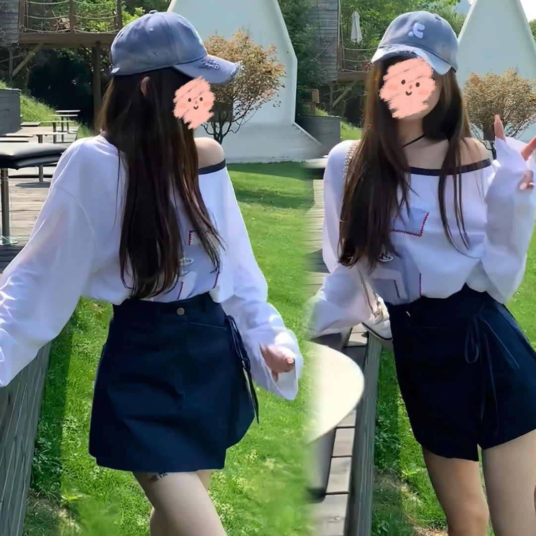 夏季新款2025时尚百搭字母印花露肩长袖上衣搭配高腰百搭绑带裤裙