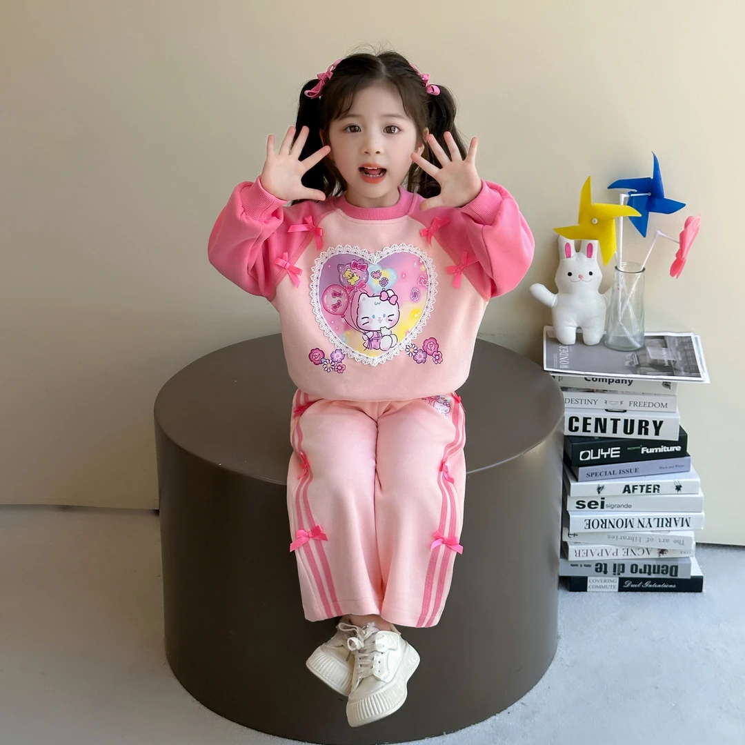 女童春秋季套装2025新款女宝宝洋气卡通卫衣儿童休闲蝴蝶结两件套