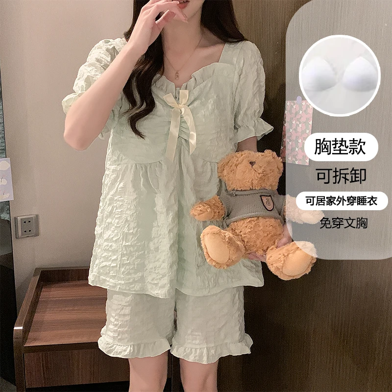 短袖短裤睡衣女款春秋季薄款带胸垫公主风甜美女士家居服套装123