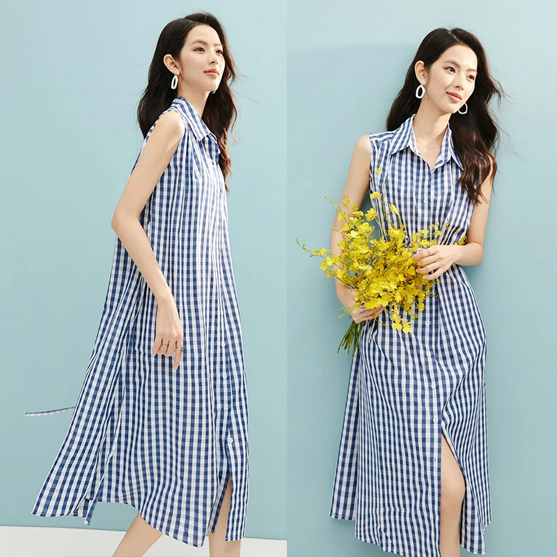 晚白【新品】2025航海系穿搭宽松裙子格纹系带无袖连衣裙25022411