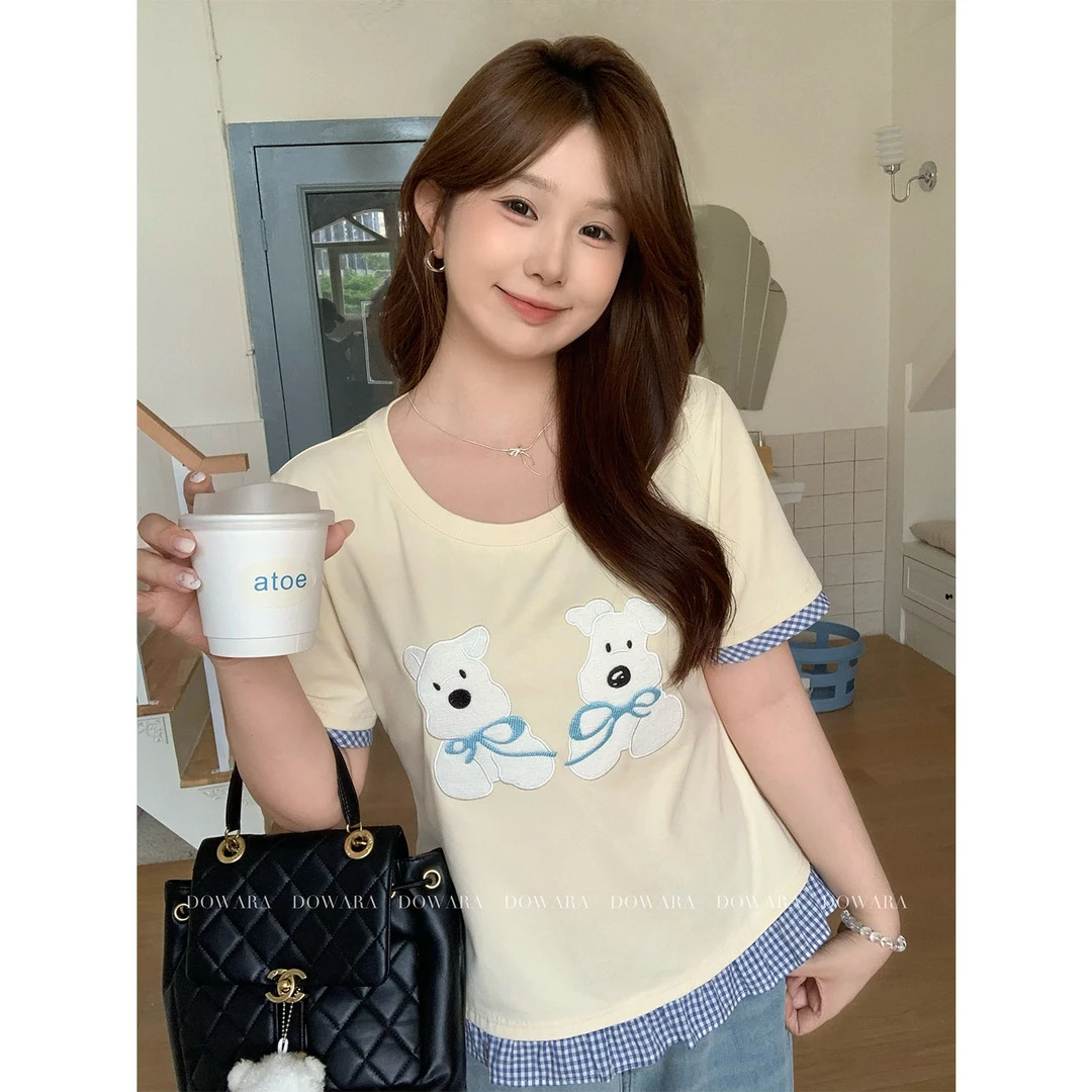 现货8563X大婉酱千千微胖定制【布绣小狗T】假两件拼接格子短袖上衣