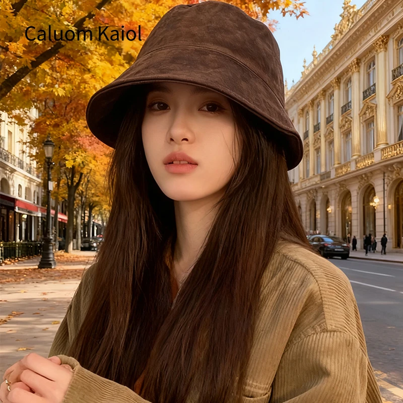 秋冬季帽子女款2025新款麂皮绒大头围显脸小渔夫帽防寒保暖水桶帽