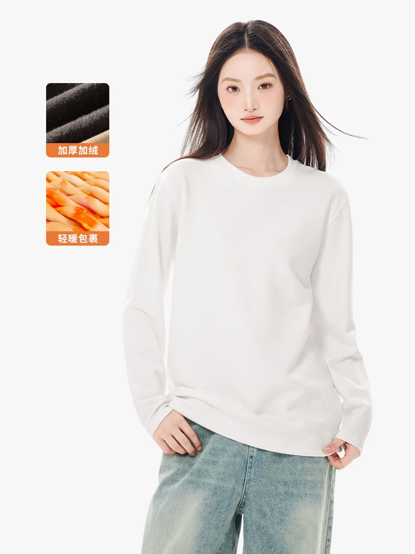 280g热力绒圆领卫衣女2025秋冬男女同款纯色保暖加绒长袖百搭上衣