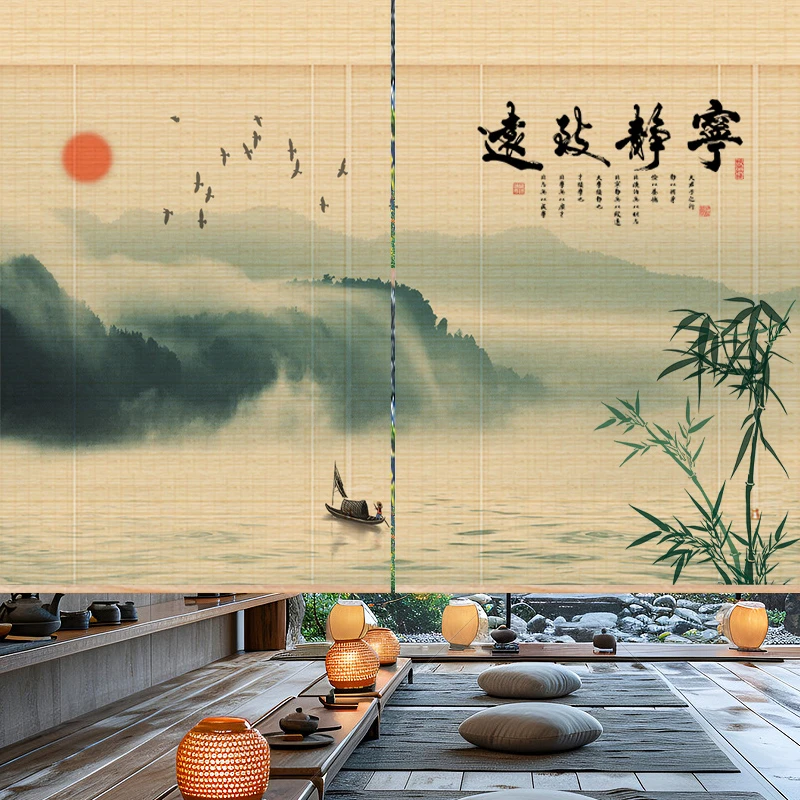 山水竹窗帘竹卷帘竹帘门帘隔断竹帘子新中式竹帘餐厅背景印花印画