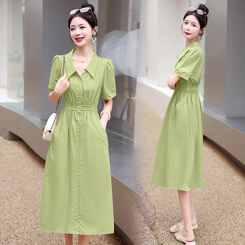 欧洲站夏季新款女配腰带纯色衬衫领短袖气质显瘦时尚连衣裙裙子
