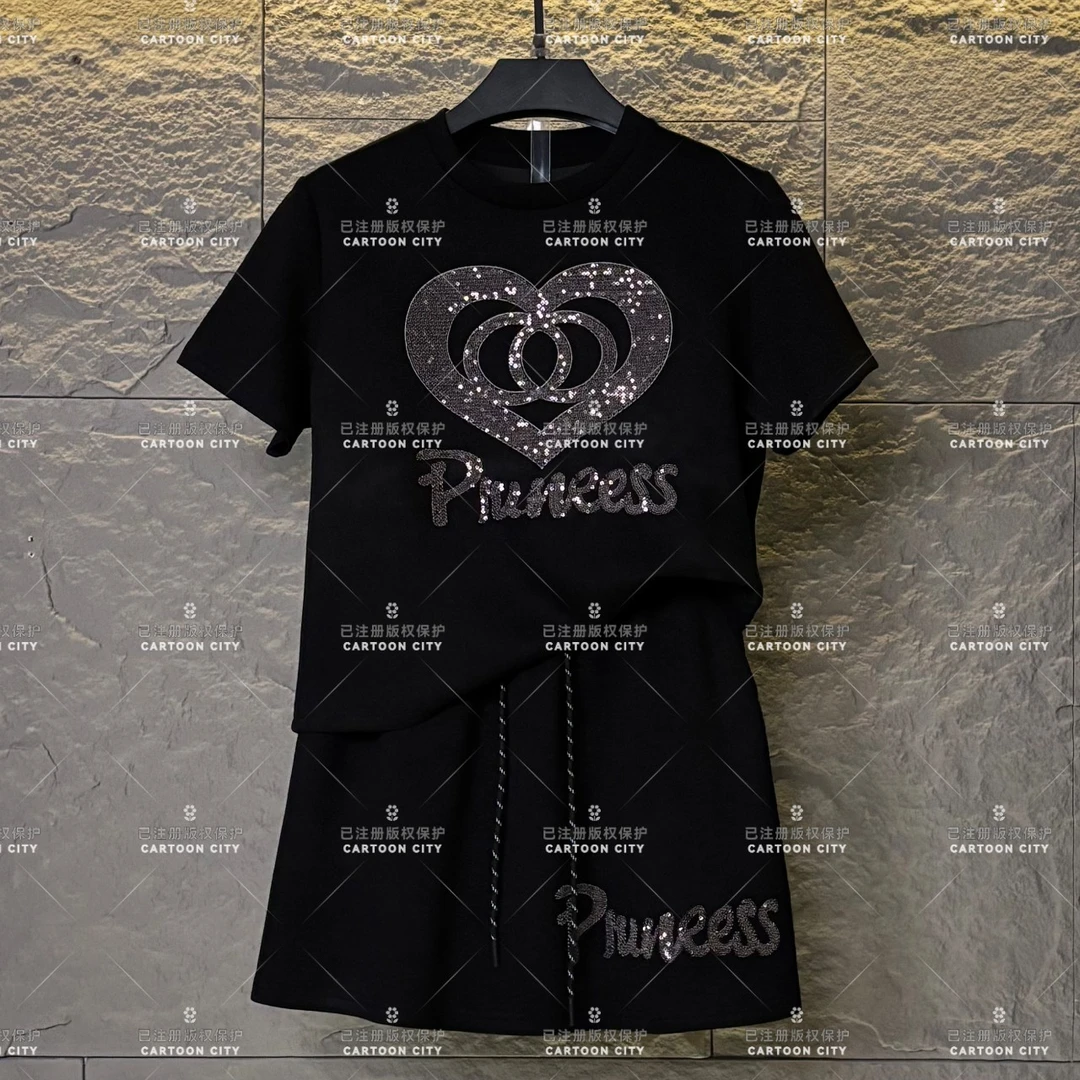 WMA-A317<重工爱心>丨<减龄系列>宽松夏季T恤短裙休闲套装