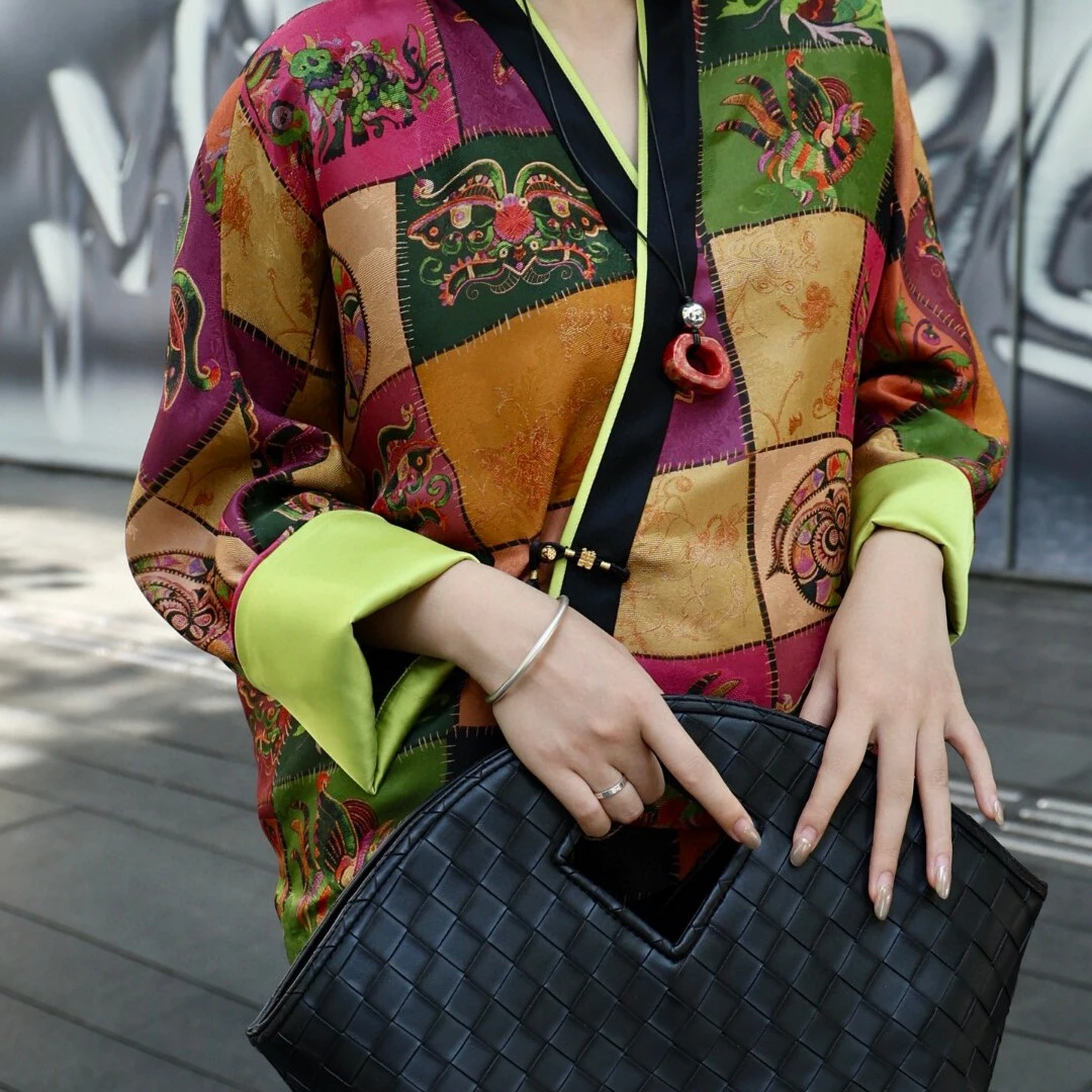 秋上新非常高级配色斜襟香云纱蝙蝠袖短外套