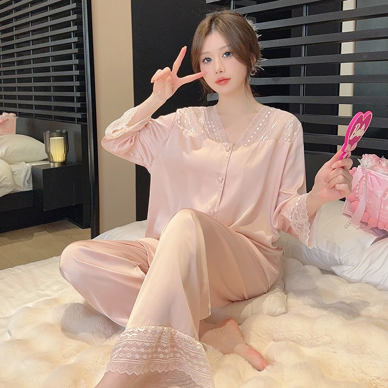 睡衣女春秋冰丝长袖2025新款高级花边气质V领纯色奢华两件套