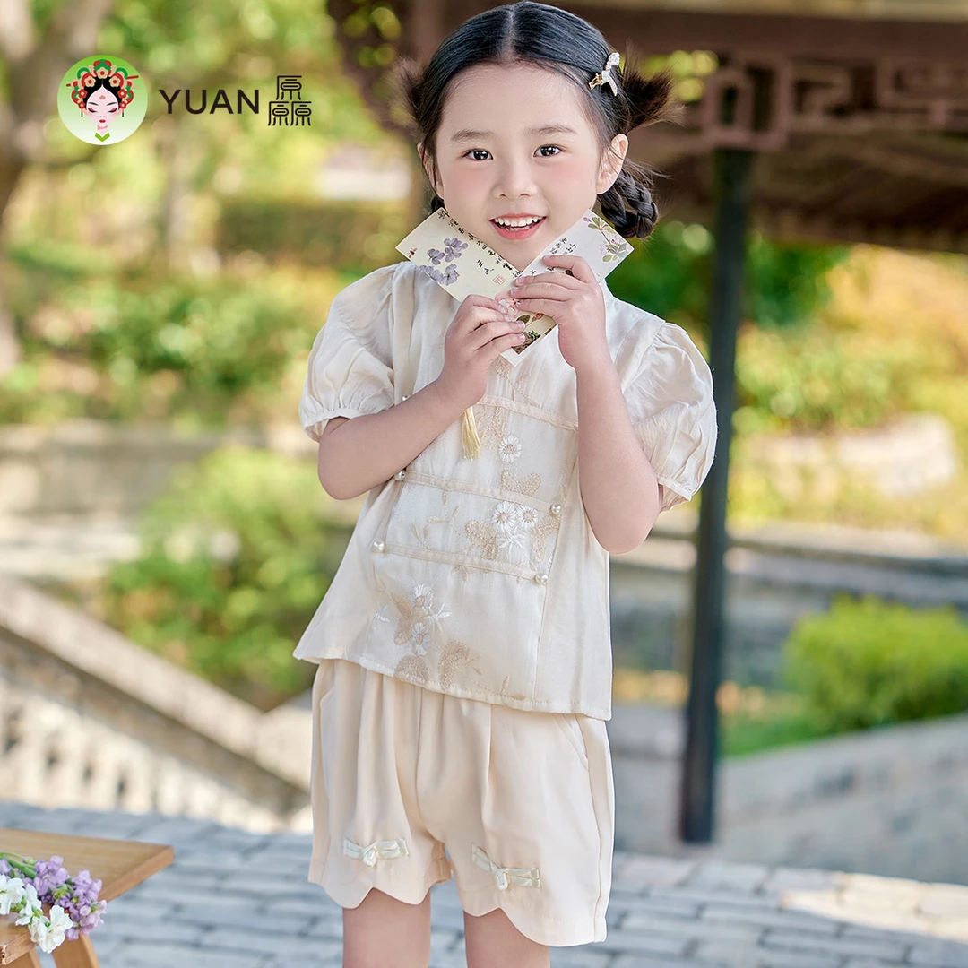 厵【提花两件套】女童短袖上衣裤子夏季新中式国风透气提花套装演出