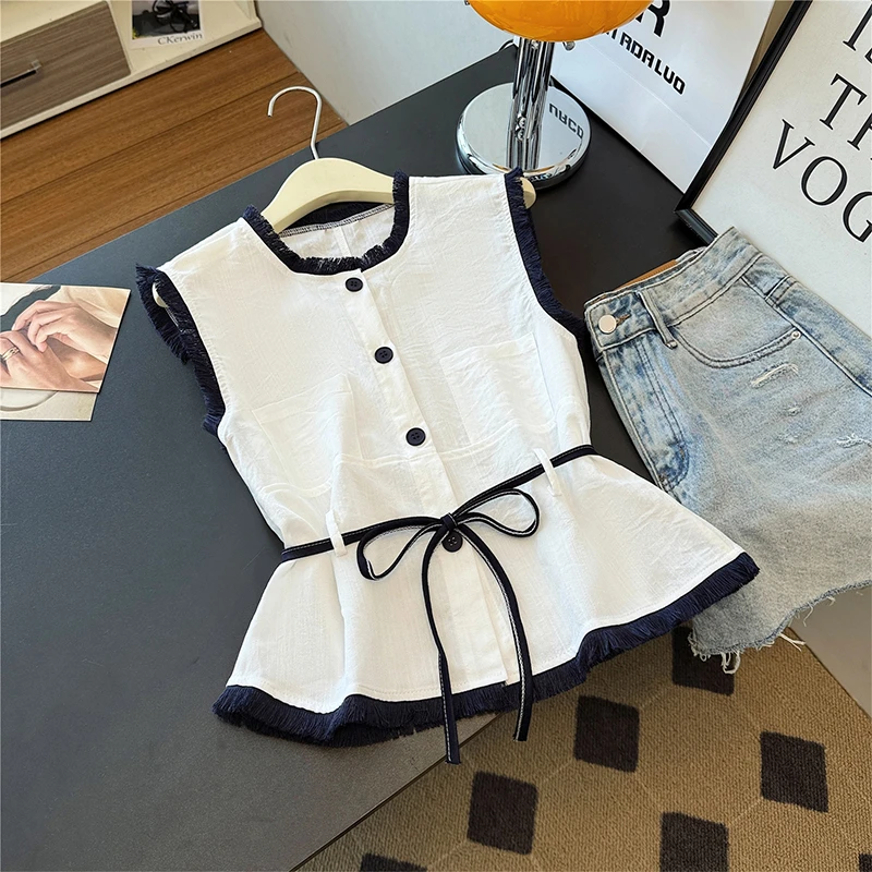 气质毛边圆领无袖衬衫女夏季新款法式专柜撤回剪标简约百搭上衣潮