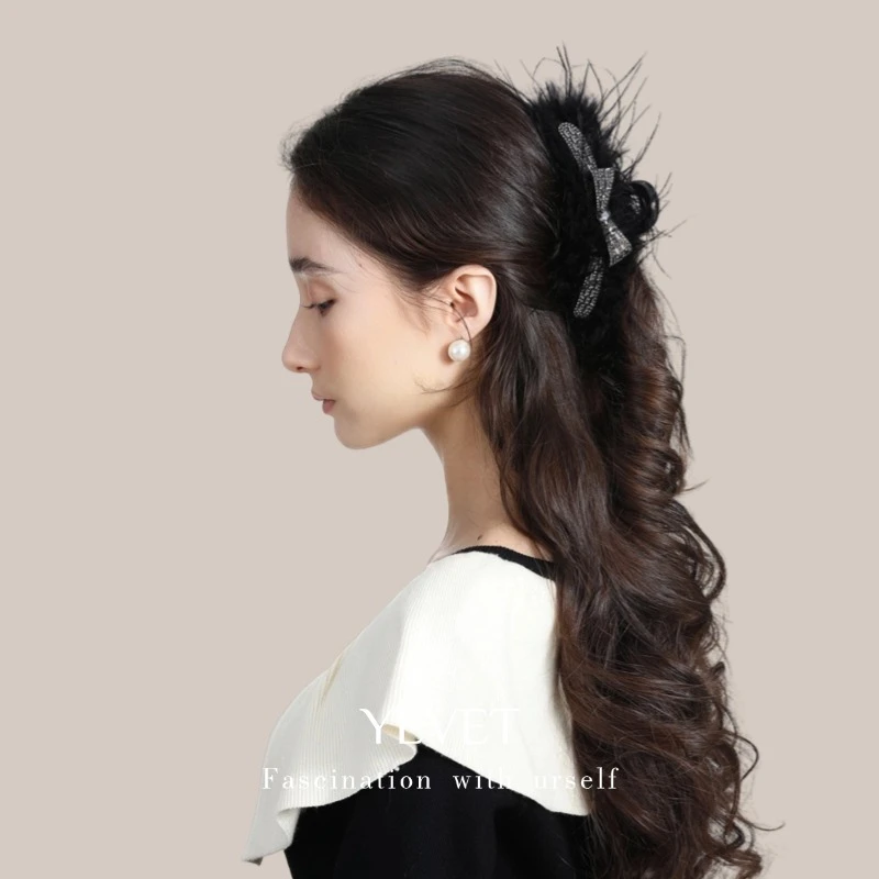 YEVET水钻蝴蝶结毛毛抓夹优雅女头饰百搭发夹轻奢发饰抓夹