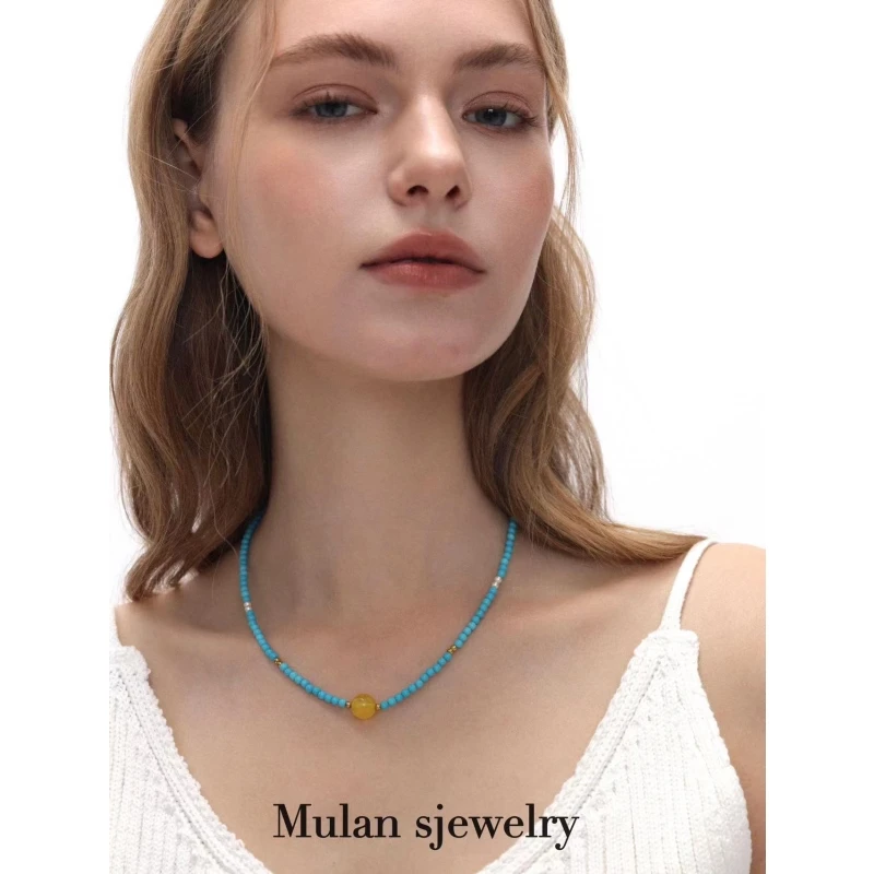 铁合金大理石项链 Mulan sjewerly蓝项链中古vintage风轻奢锁骨链