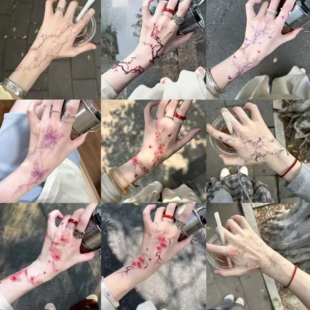 新中式桃花蝴蝶彩色纹身贴女防水持久手腕唯美可水洗