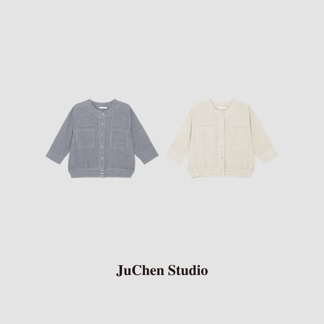 “邻家夏日”文艺色织细格纹亚麻七分袖衬衫上衣 SS062704