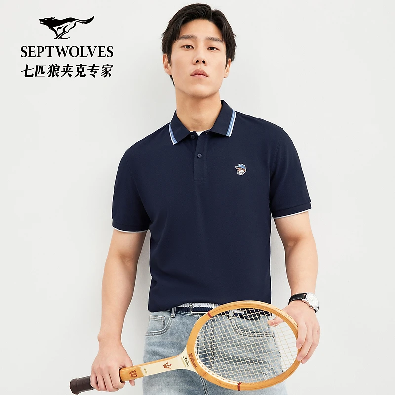 七匹狼翻领菠萝花短袖T恤1D1D30606206