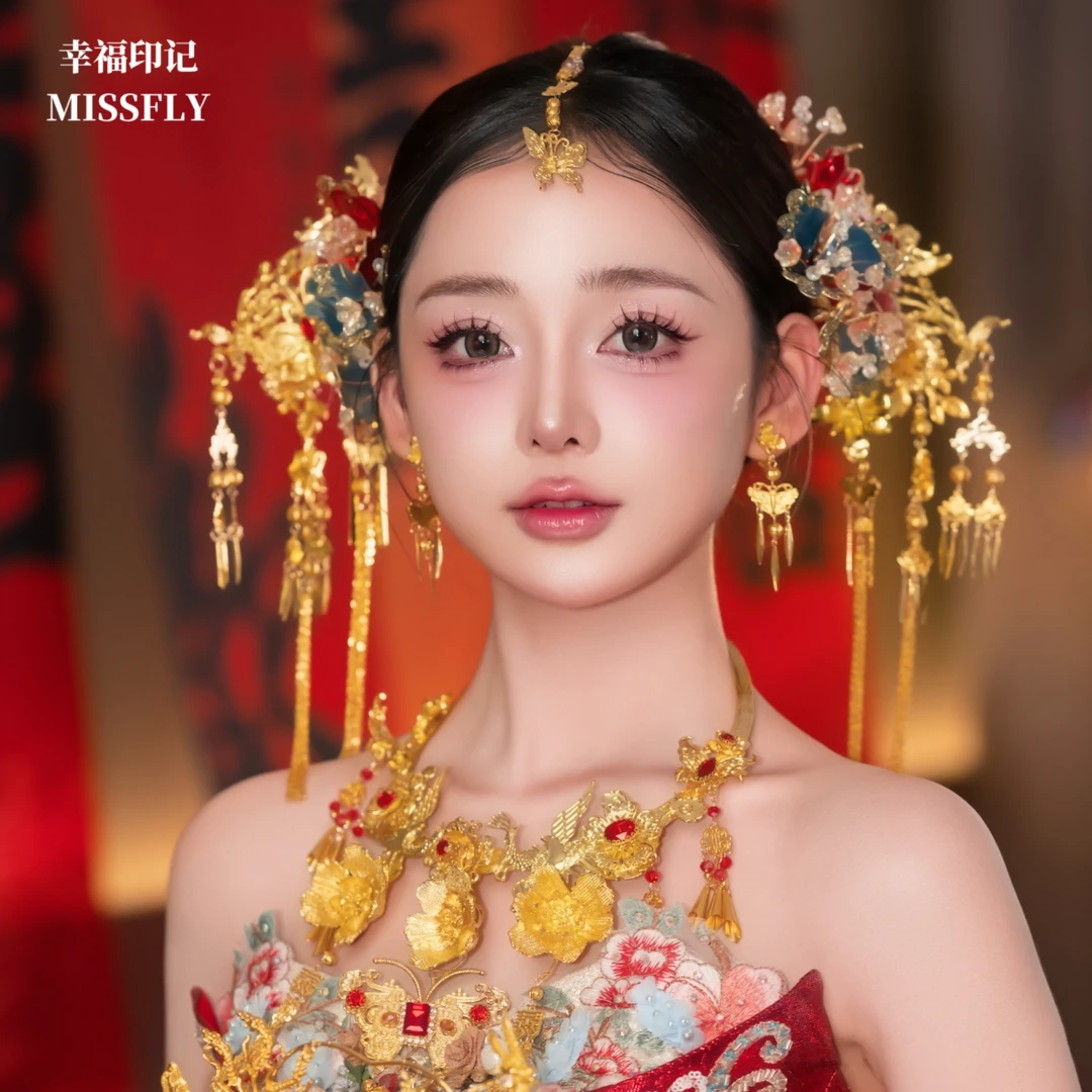 新娘头饰金色蝴蝶步摇蓝色红色簪子发簪眉心坠秀禾旗袍马面裙发饰