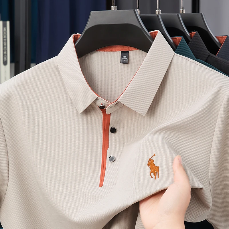 夏季新款冰丝无痕免烫短袖t恤男时尚百搭休闲刺绣透气POLO衫体恤