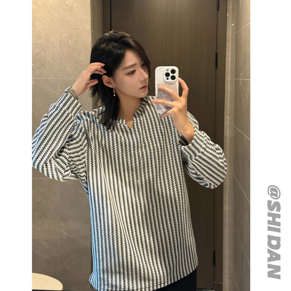 v领长袖t恤男款秋季条纹千鸟格cleanfit内搭打底衫宽松秋季长袖