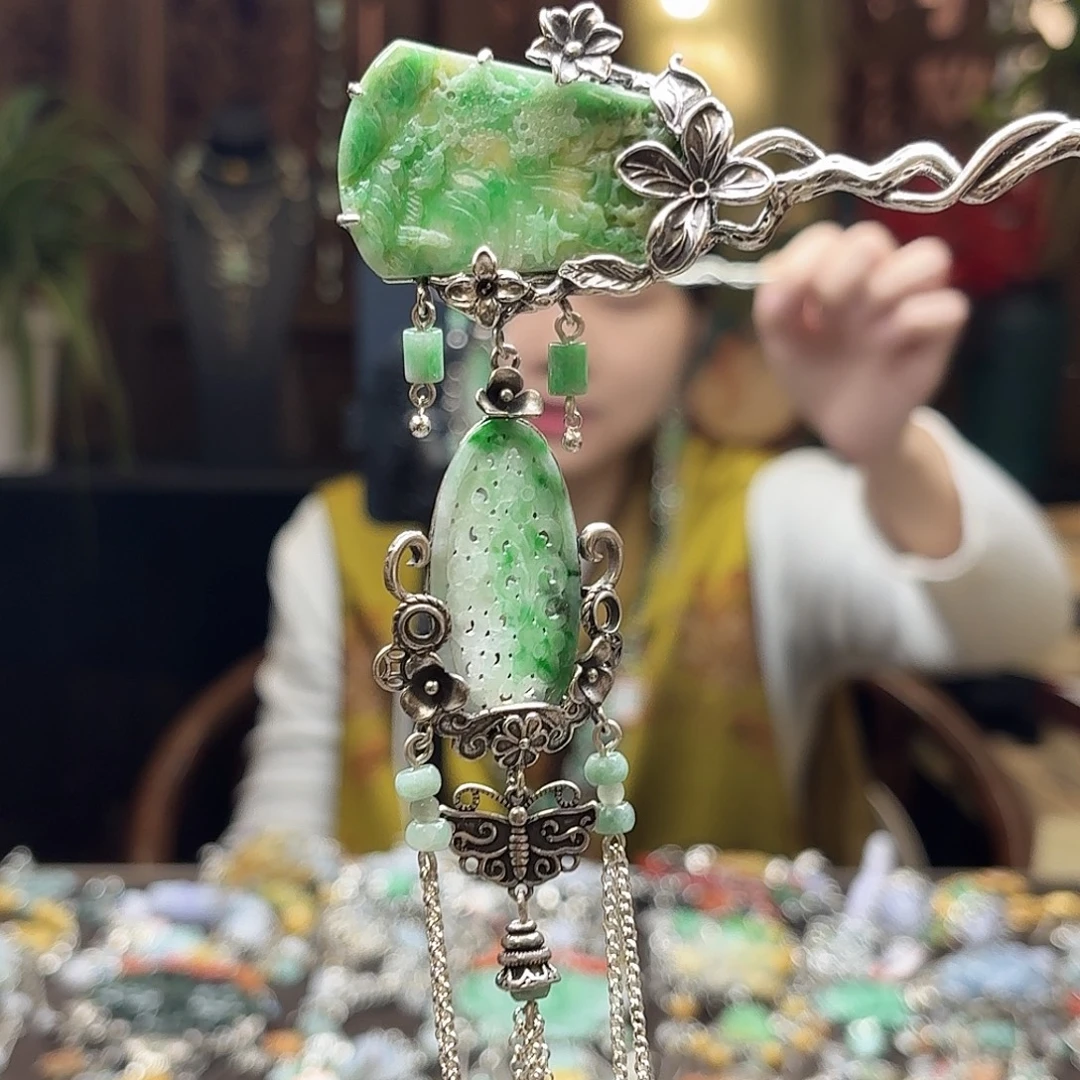 翡翠银S925镶嵌发簪发簪