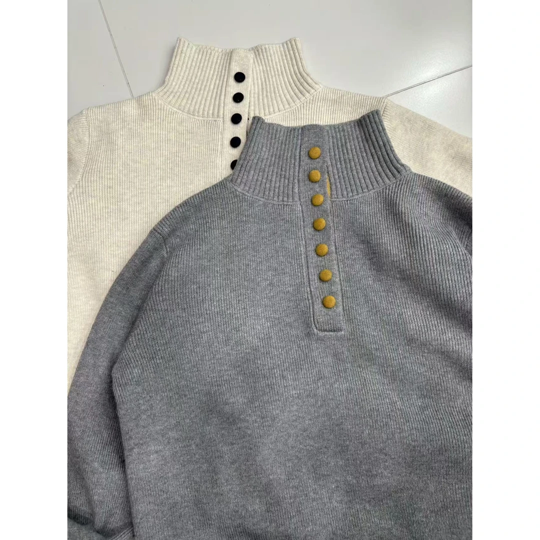 9888慵懒风套头款半高领包扣纯色毛针织衫上衣