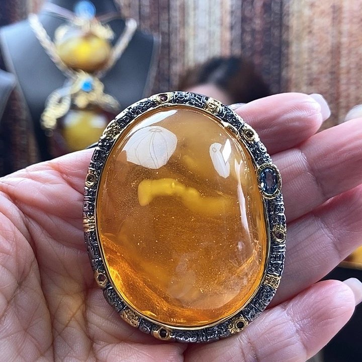 琥珀银S925镶嵌颈饰吊坠胸针两用款