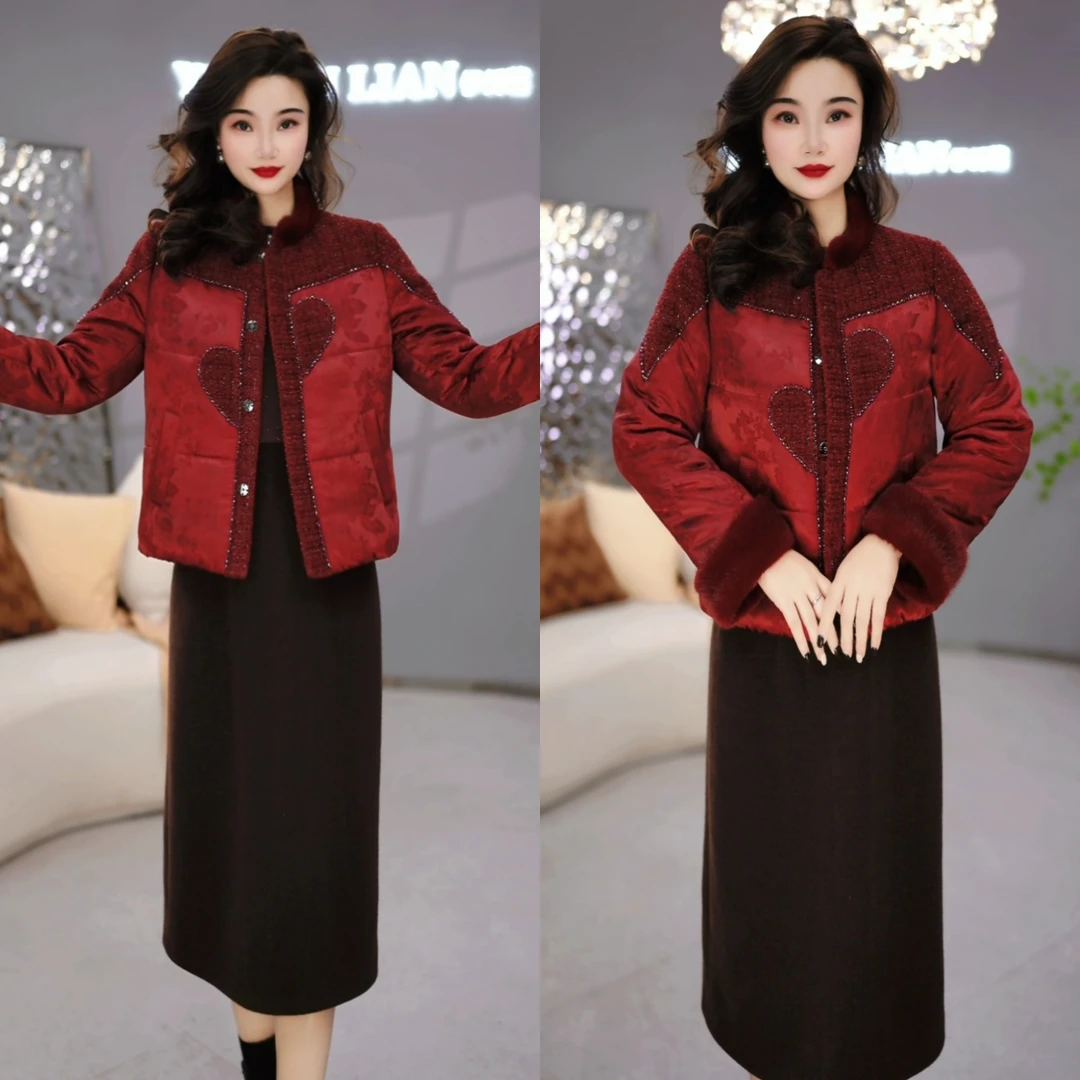 外套+连衣裙 2025冬季红色时尚洋气百搭加厚保暖棉服套装裙M-4XL
