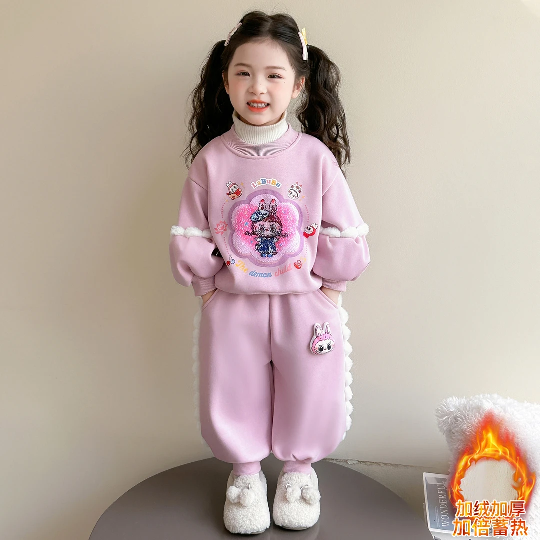 女童一体绒卫衣套装拉布布亮片翻转变色卫衣新款女宝加绒两件套潮