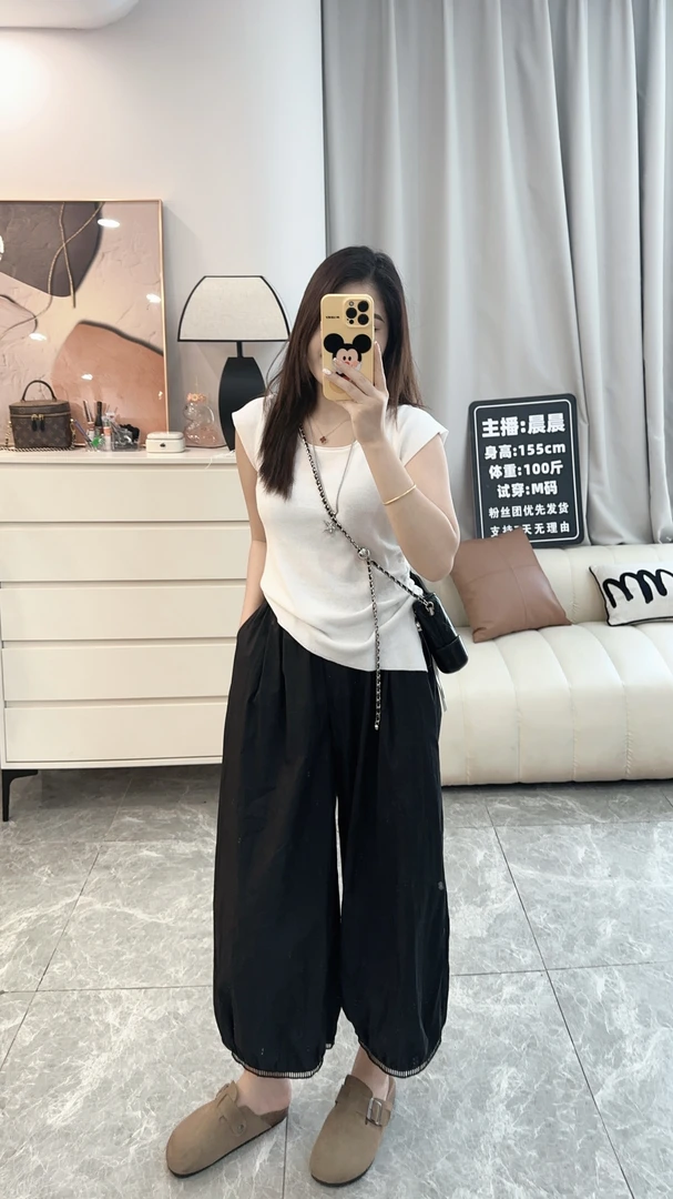 晨小胖  夏季新款小个子显瘦不规则冰丝收腰短袖针织衫