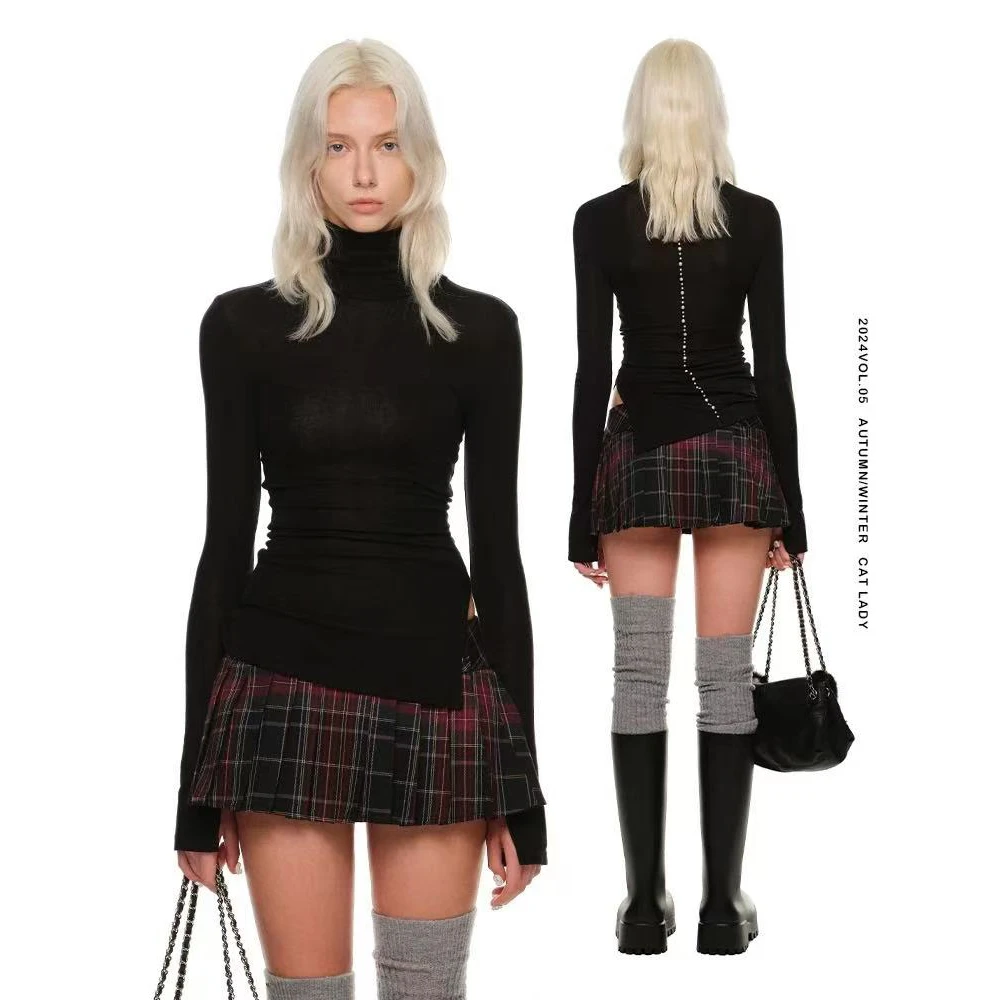 1JINN STUDIO烫钻高领不规则天丝羊毛打底衫内搭外穿显瘦长袖上衣