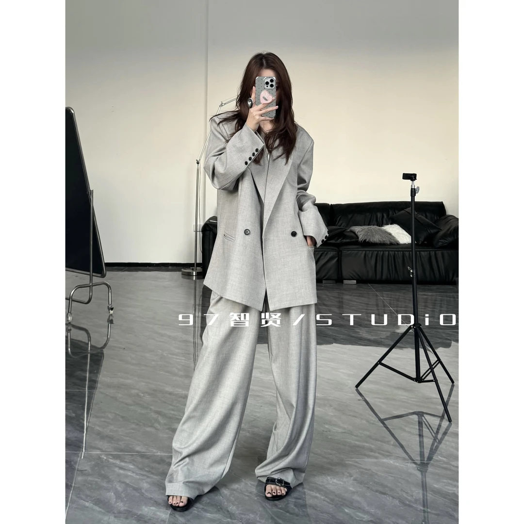 智贤 【特染浅灰色ins风买手店博主风西服套装】