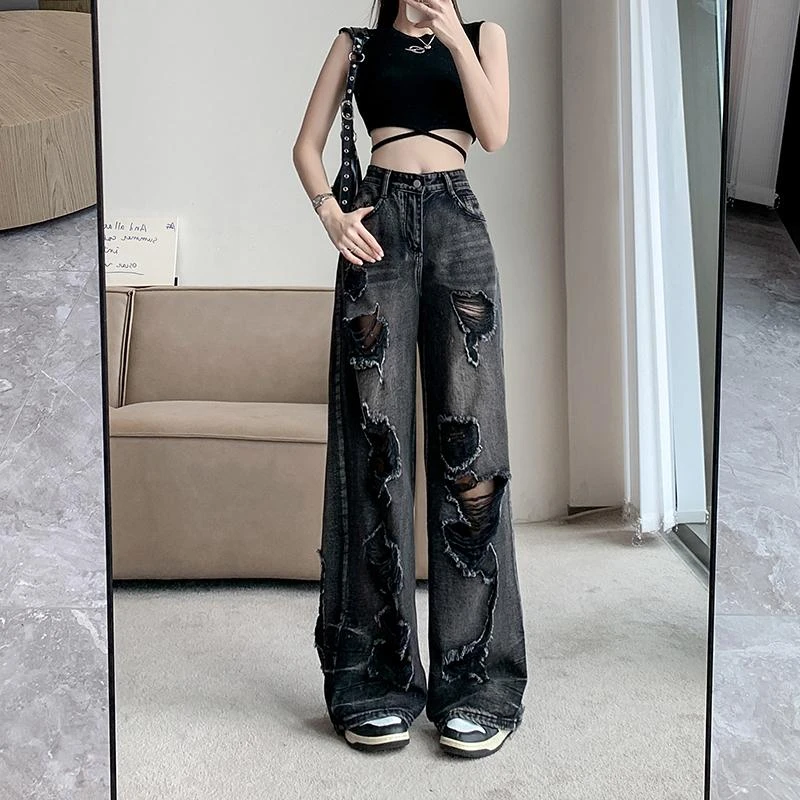 美式破洞高街牛仔裤女夏季宽松显瘦百搭阔腿长裤高腰水洗做旧裤子