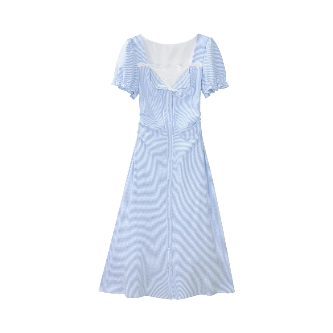 【品牌撤柜款ZB】条纹蕾丝拼接女韩系减龄日常通勤连衣裙DYL661887