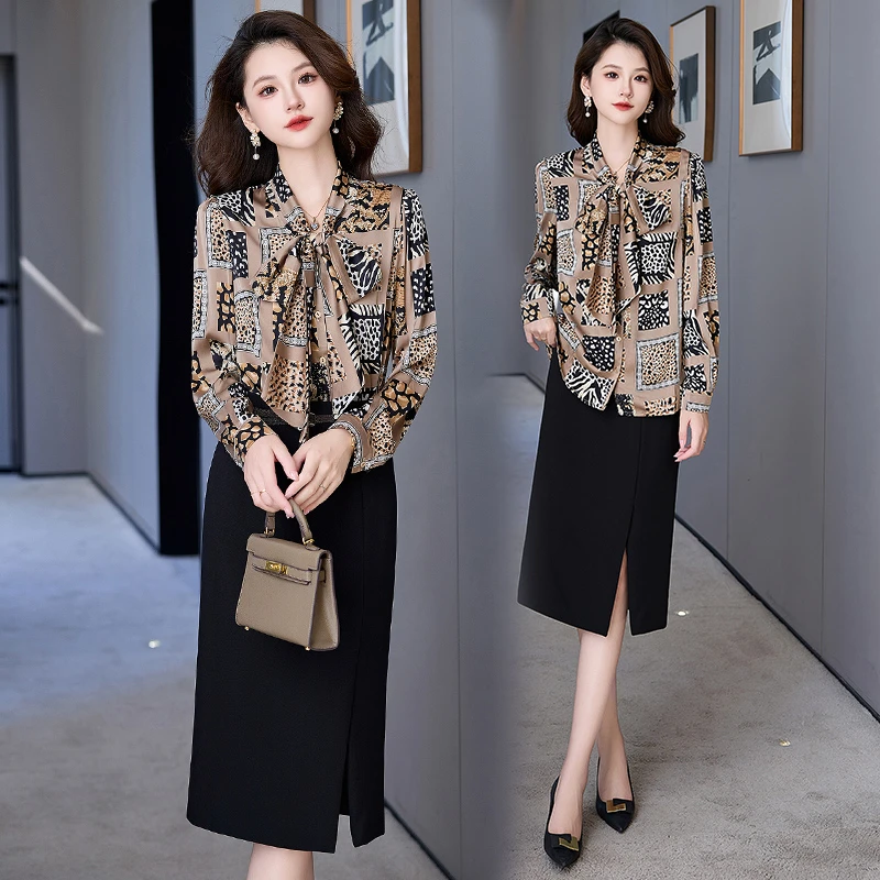 法式豹纹衬衫半身裙套装女2025秋季新款时尚气质蝴蝶结职业两件套