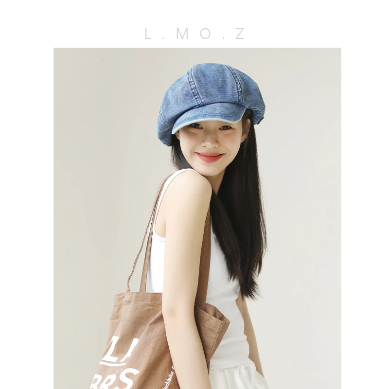 蓝墨竹L.MOZ牛仔贝雷帽子女2024新款夏季薄款大头围日系八角云朵