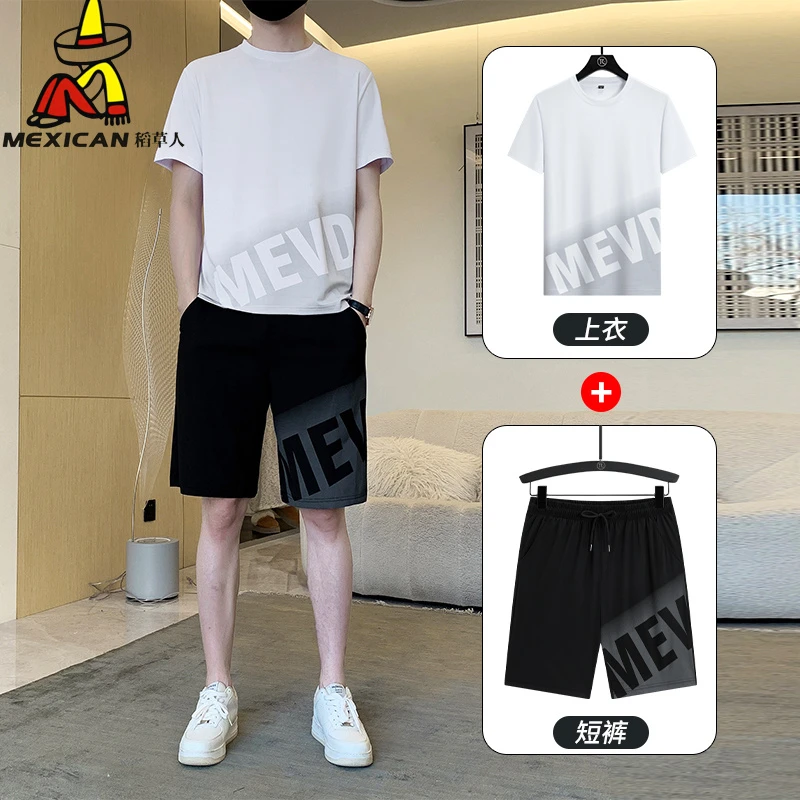 Mexican/稻草人冰丝速干短袖T恤运动套装男夏季青少年短裤两件 套