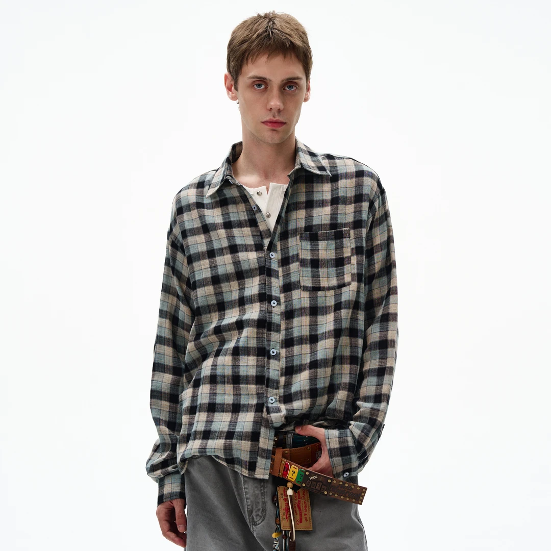 MADWITCH复古经典做旧格纹长袖衬衫男女宽松休闲vintage通勤上衣