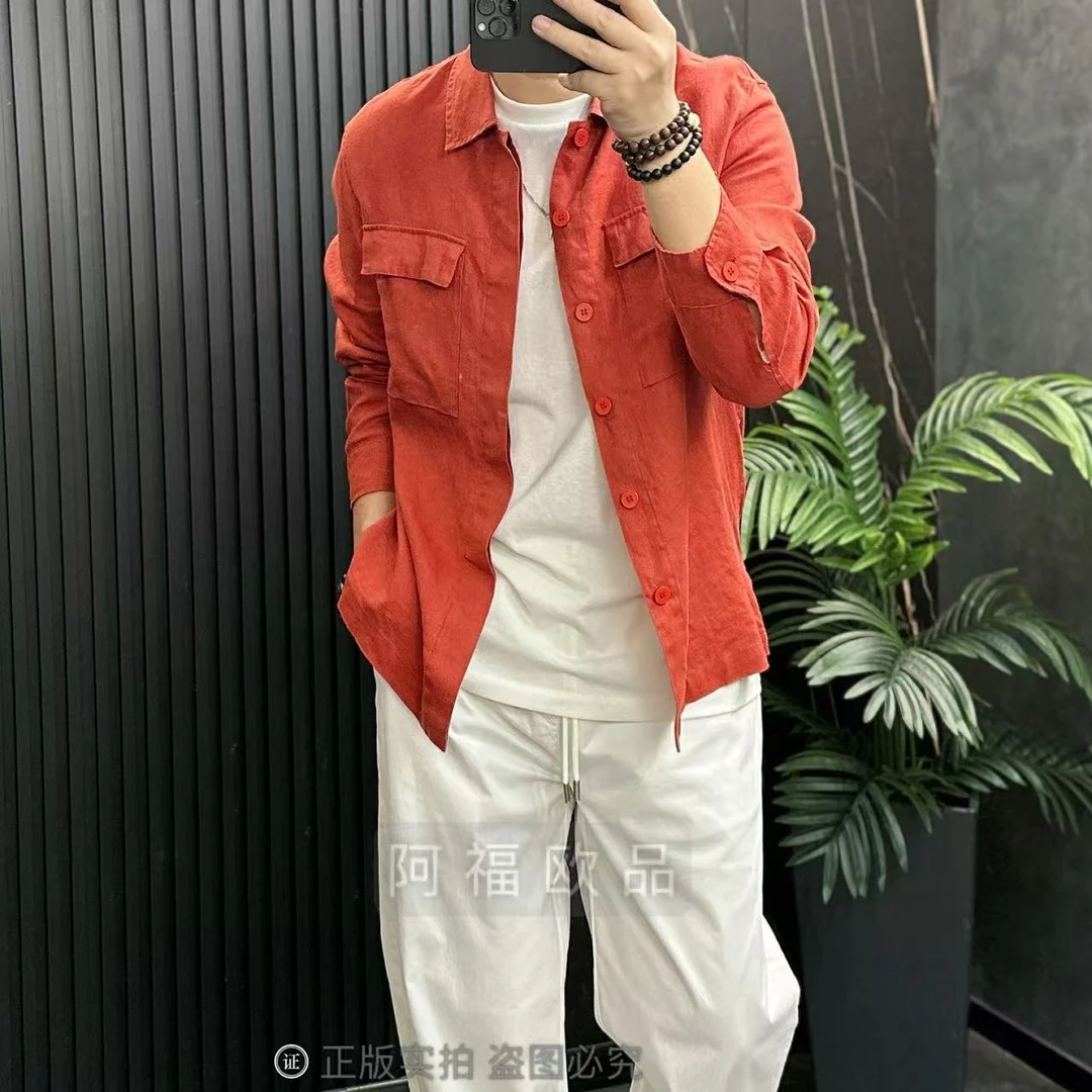 【阿福欧品】时尚休闲潮流纯色净奢松弛感百搭100亚麻衬衫外套