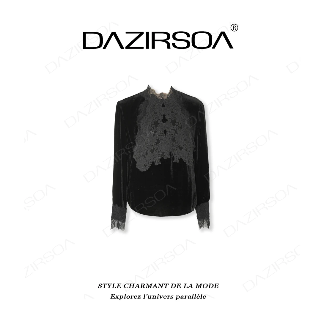 DAZIRSOA/达姿“冬日静语”时尚百搭拼接蕾丝花朵洋气丝绒上衣 W699
