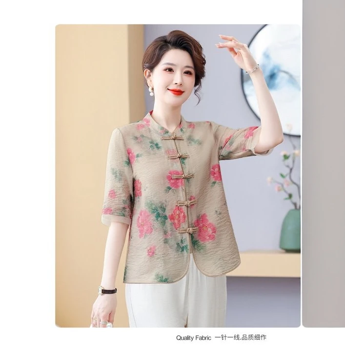 中老年2025新款妈妈夏装新中式国风洋气时尚显瘦遮肚上衣小衫