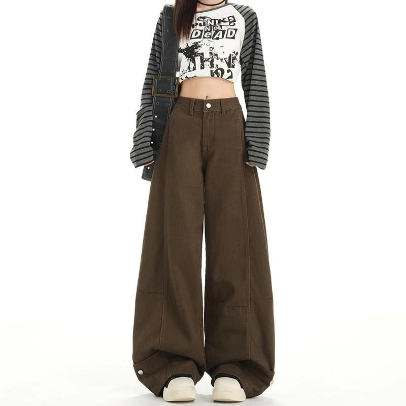 摩卡棕色美式无弹高腰ins风牛仔裤女秋新款慵懒时髦宽松拖地裤子