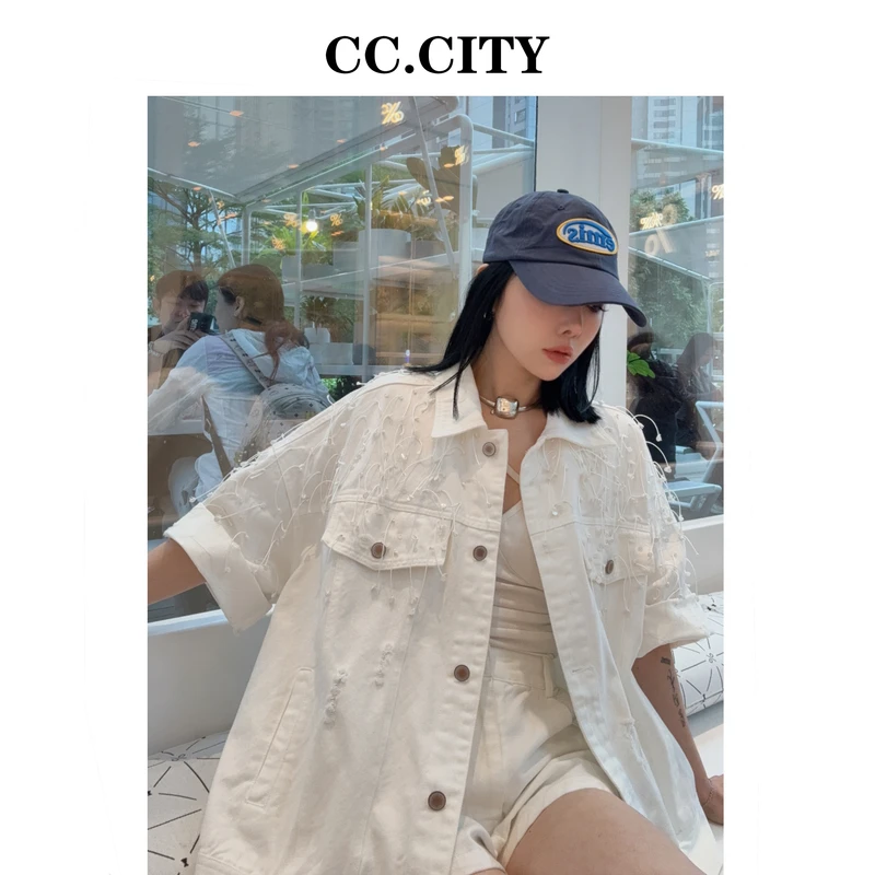 【蔡丽丽&添羽】时尚高级百搭流苏牛仔外套6x595-1