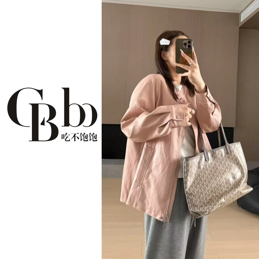【吃不饱饱】大码 高级感美式复古粉色皮衣外套棒球服夹克6367