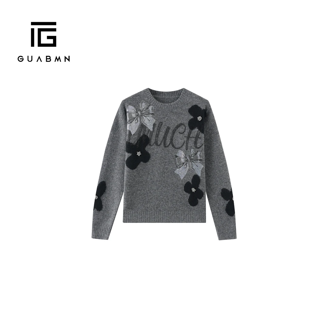 GUABMN2026春季新款慵懒风立体花朵烫钻针织衫宽松百搭毛衣276